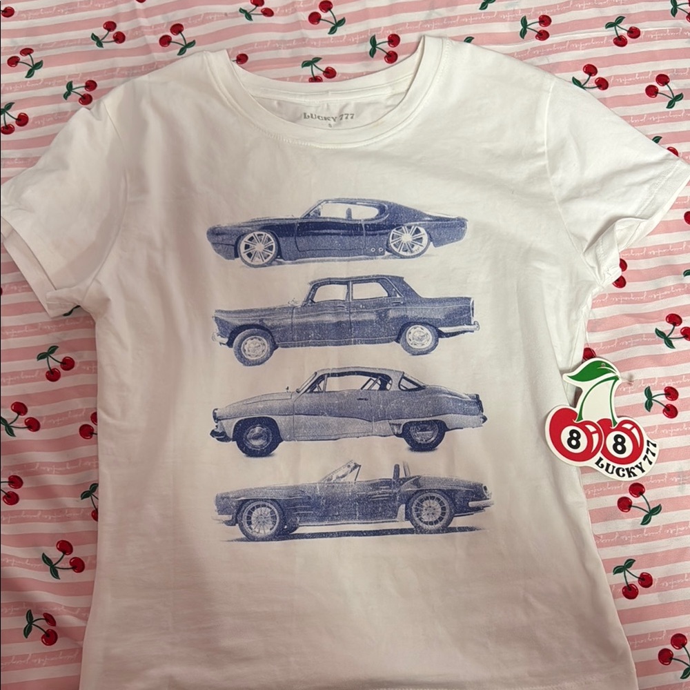 White T-Shirt with Blue Car Print